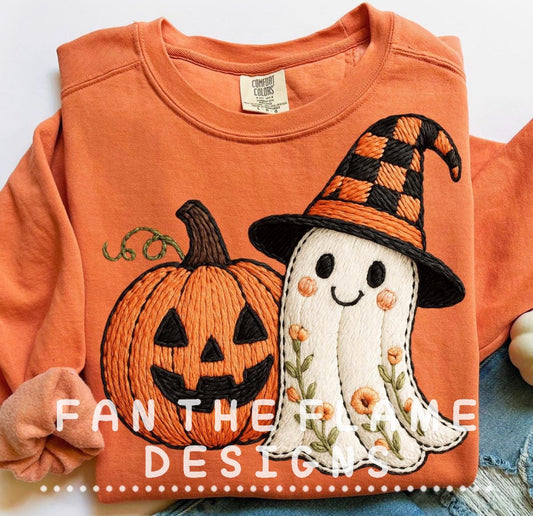 Faux Embroidery Ghost and Pumpkin Tee/Sweatshirt