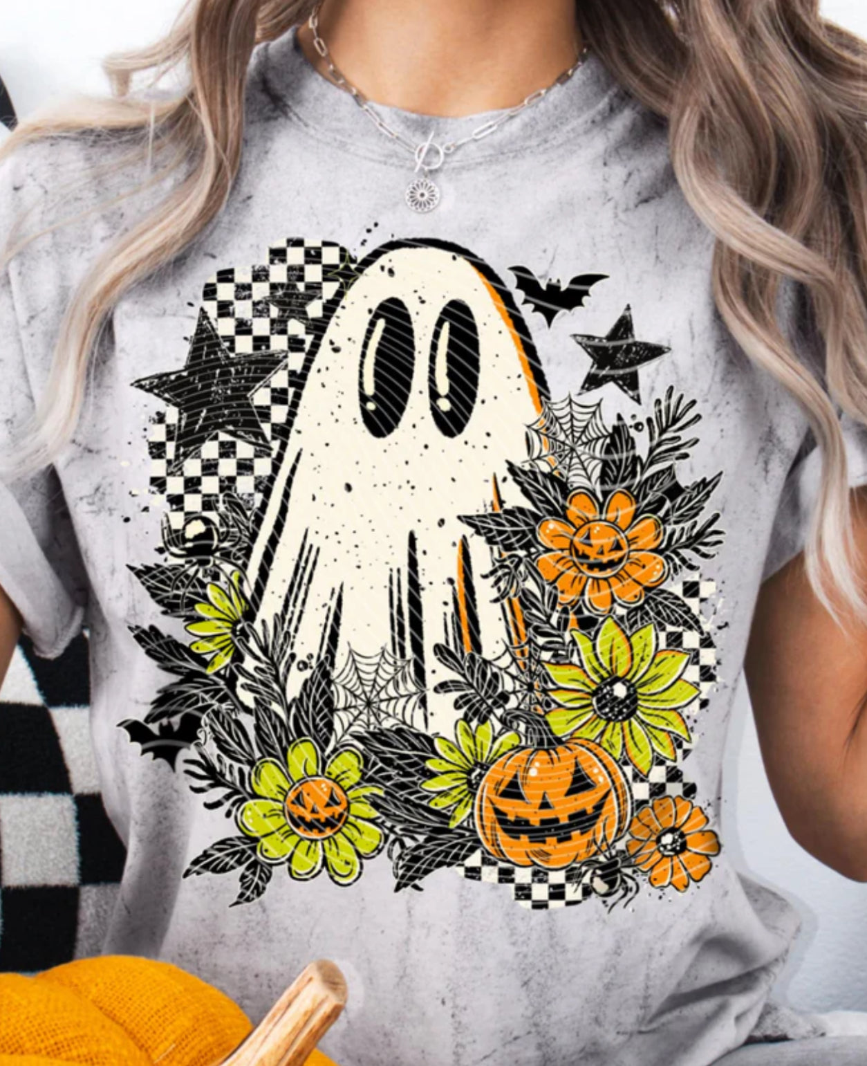 Ghost with orange and green florals and checker Tee/Sweatshirt