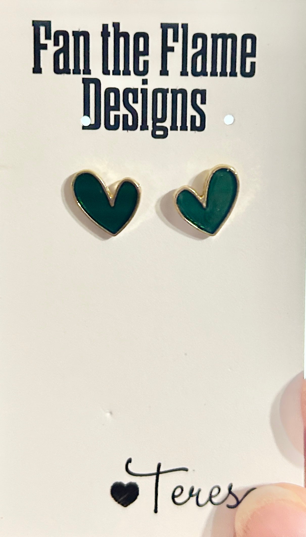 Handmade Green Gold Heart Stud Earrings
