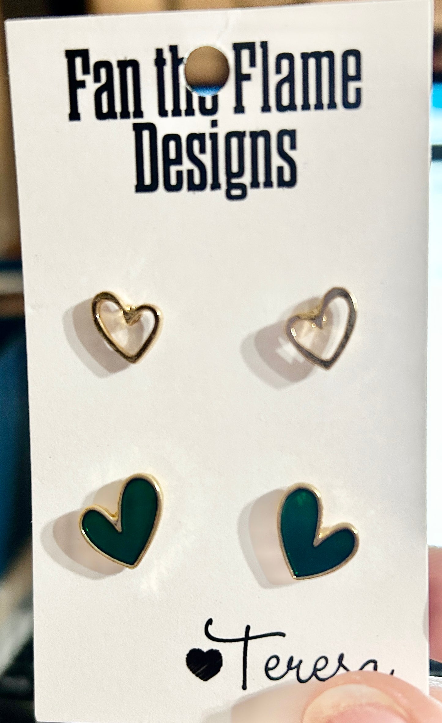 Green & Gold Heart Stud Earrings