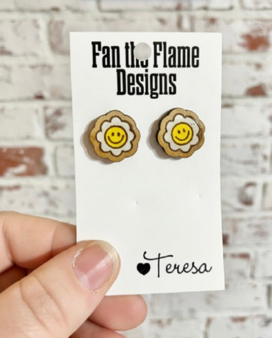 Smiley Flower Wooden Studs