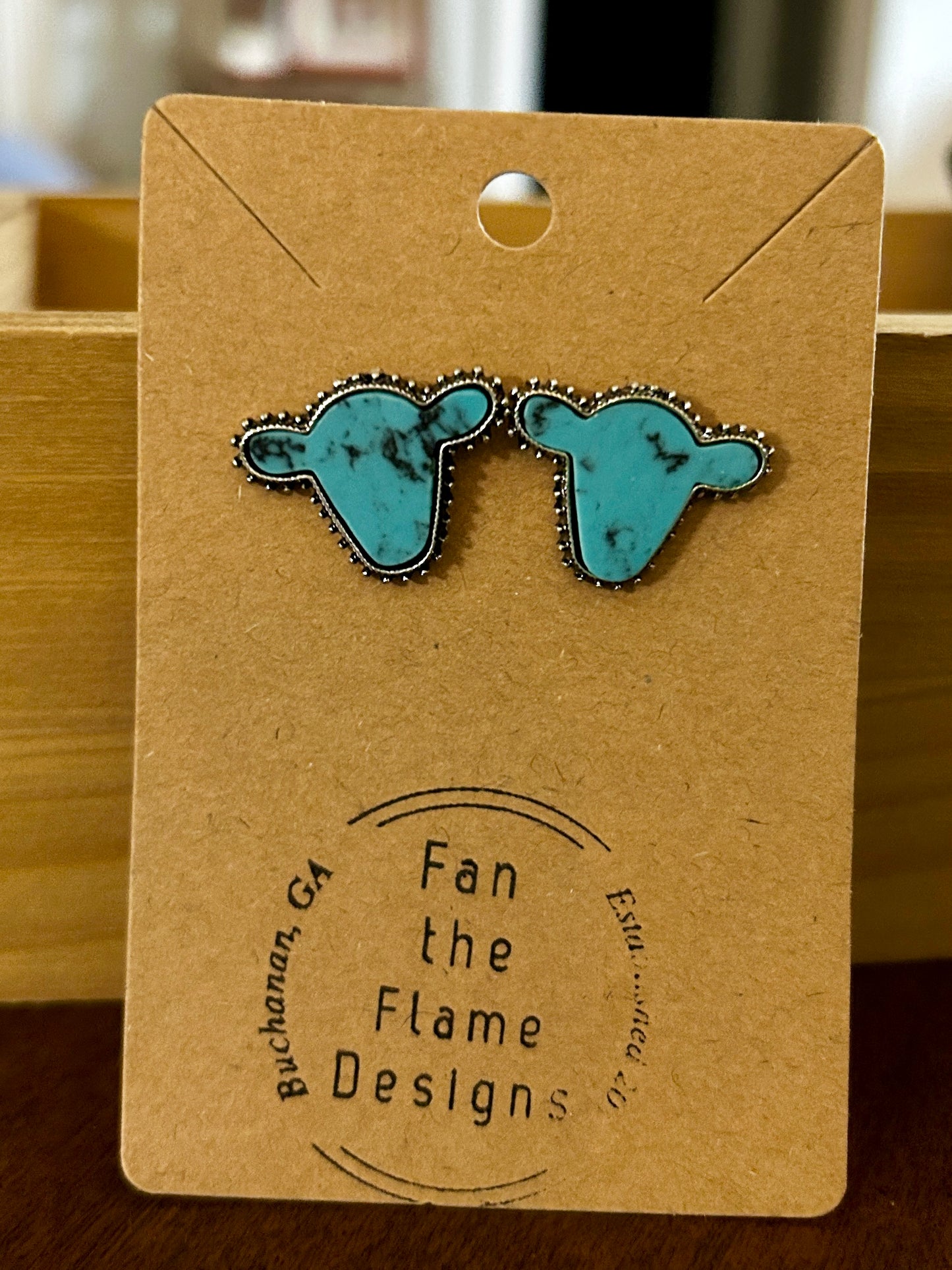 Turquoise Cow Head Wooden Dangle Earrings