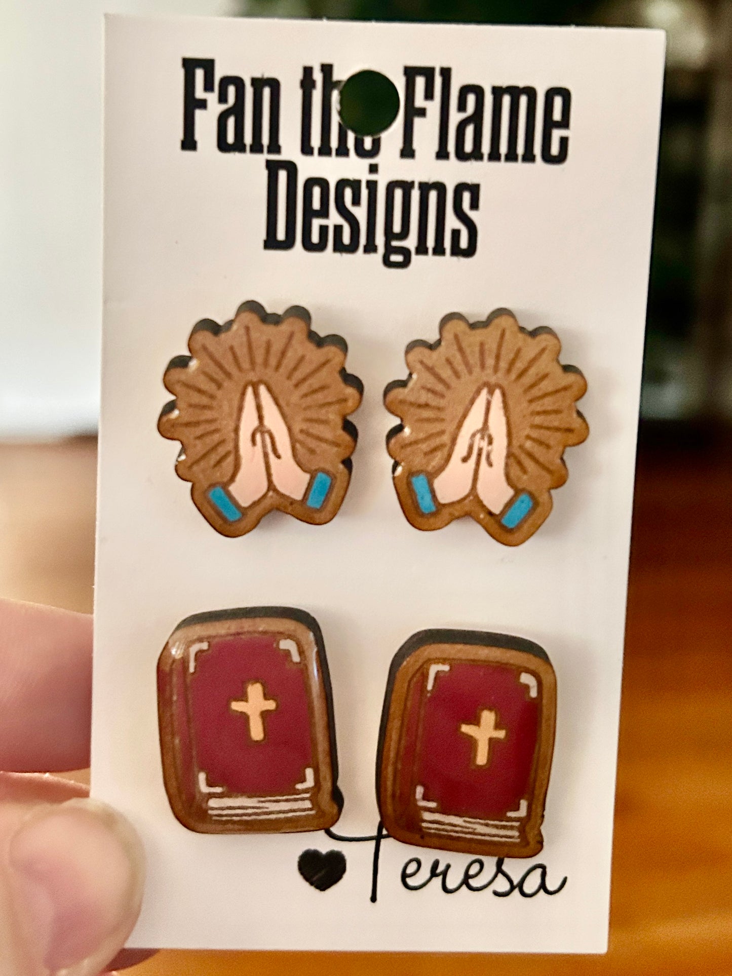 Praying Hands & Bible Handmade Stud Earrings