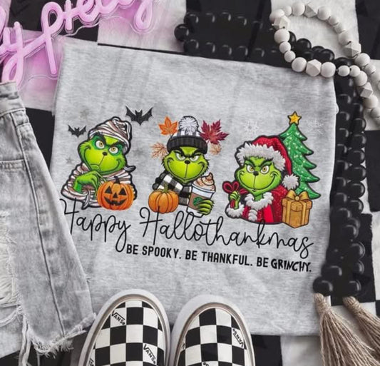 Happy hallothankmas green guy black font Tee/Sweatshirt