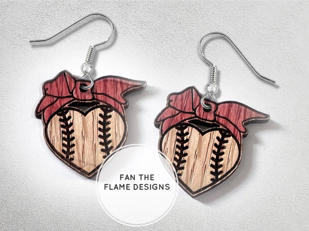 Handmade Baseball Heart Dangle Earrings
