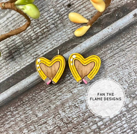Pencil Heart Wooden Studs