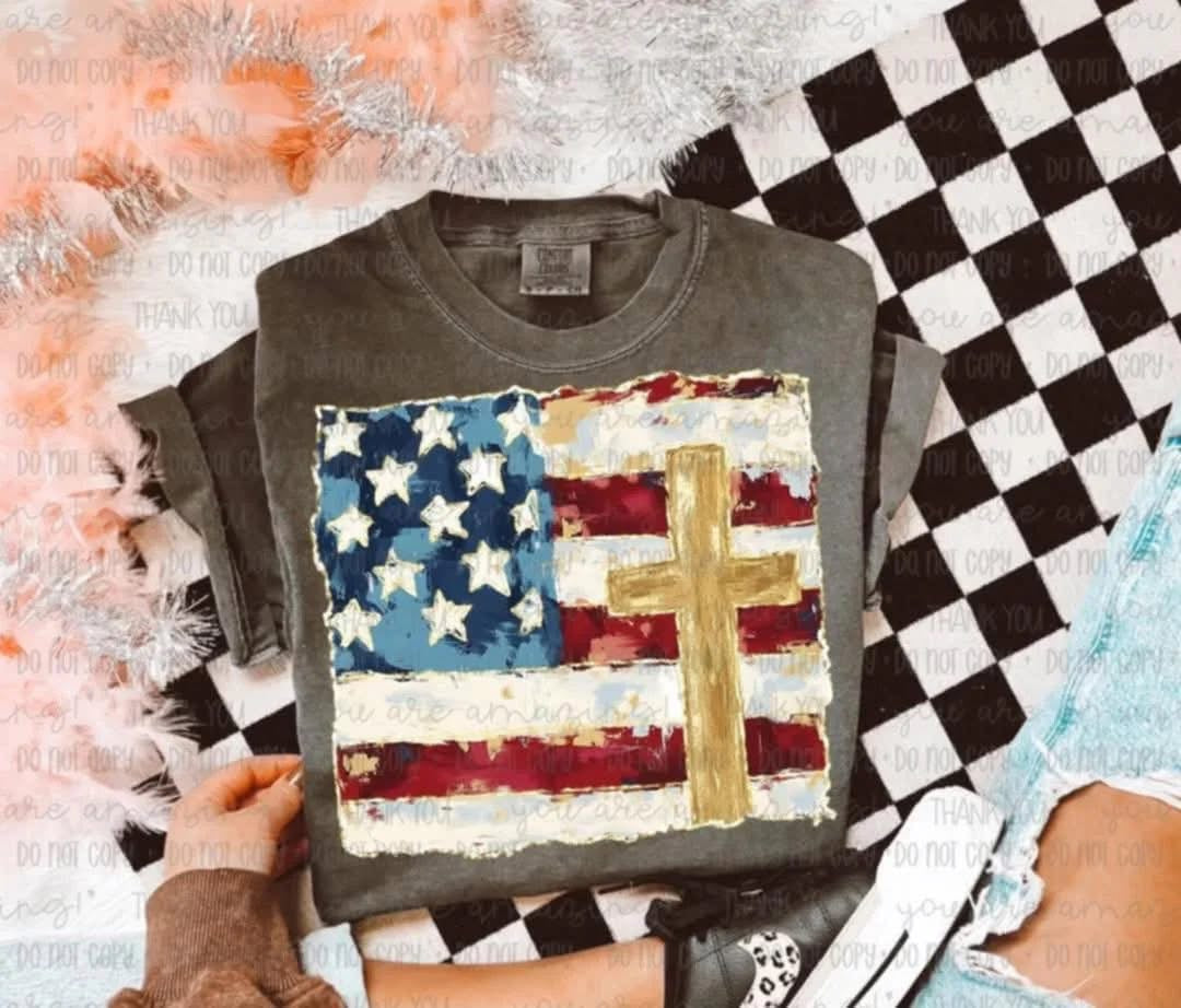 American flag with gold cross tee/tank