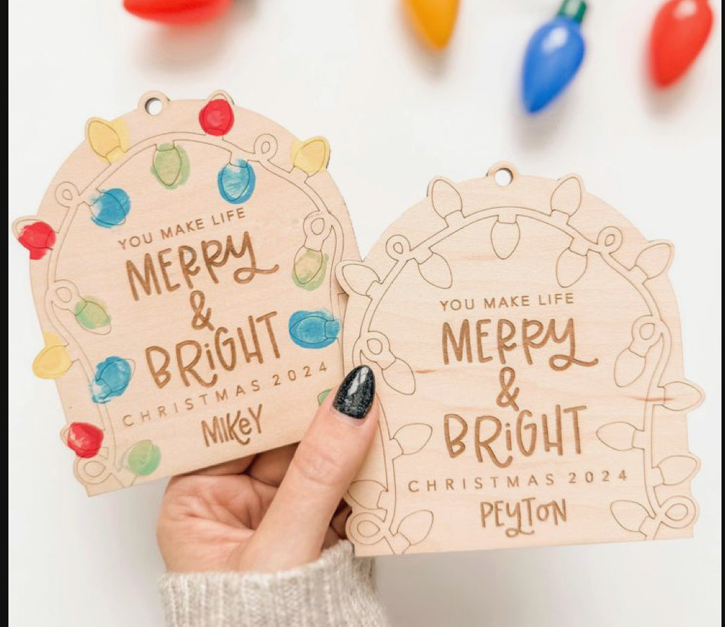 Handmade Wooden Merry & Bright Fingerprint Ornament