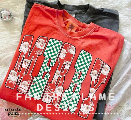 Merry with checkered Santa Tee/Sweatshirt