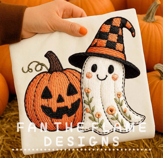Faux Embroidery Ghost and Pumpkin Tee/Sweatshirt