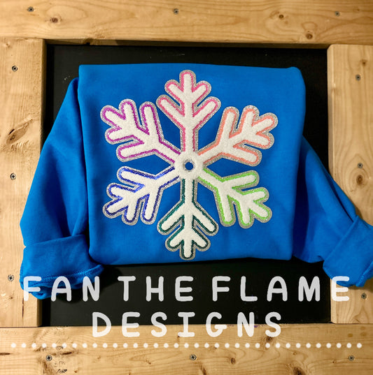 Multi-Colored Chenille/Sequin Snowflake patch sweatshirt