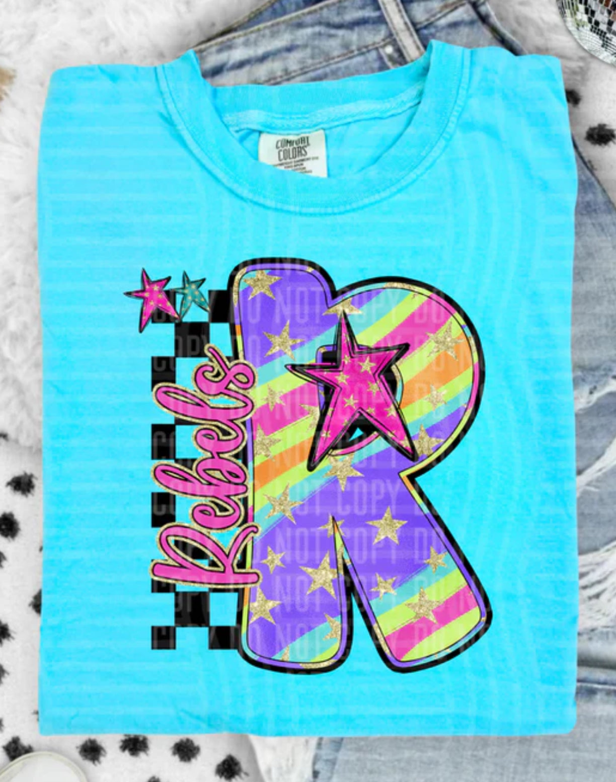 Rebels Colorful Retro Rainbow Letter R With Stars And Checker Tee/Sweatshirt