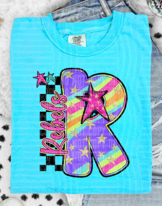 Rebels Colorful Retro Rainbow Letter R With Stars And Checker Tee/Sweatshirt