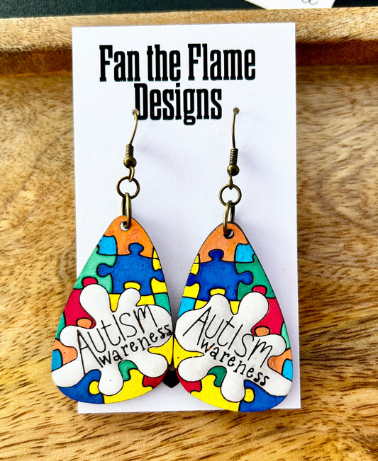 Handmade Autism Awareness Wooden Earrings