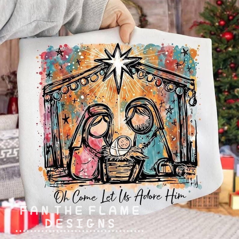Come let us adore him nativity with rainbow background Tee/Sweatshirt