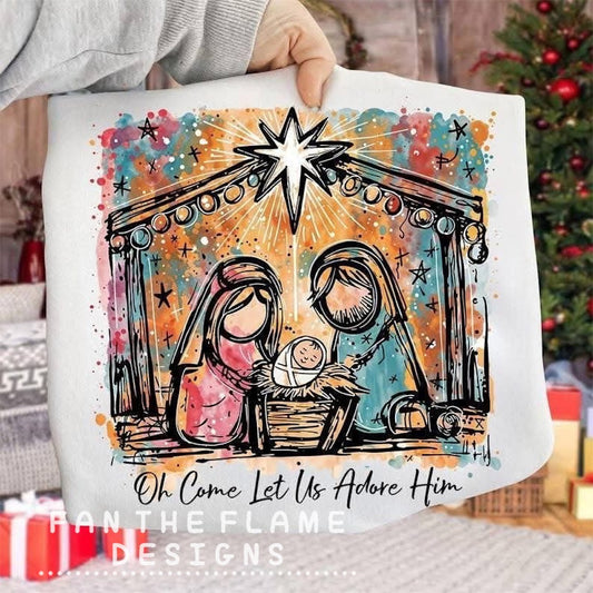 Come let us adore him nativity with rainbow background Tee/Sweatshirt