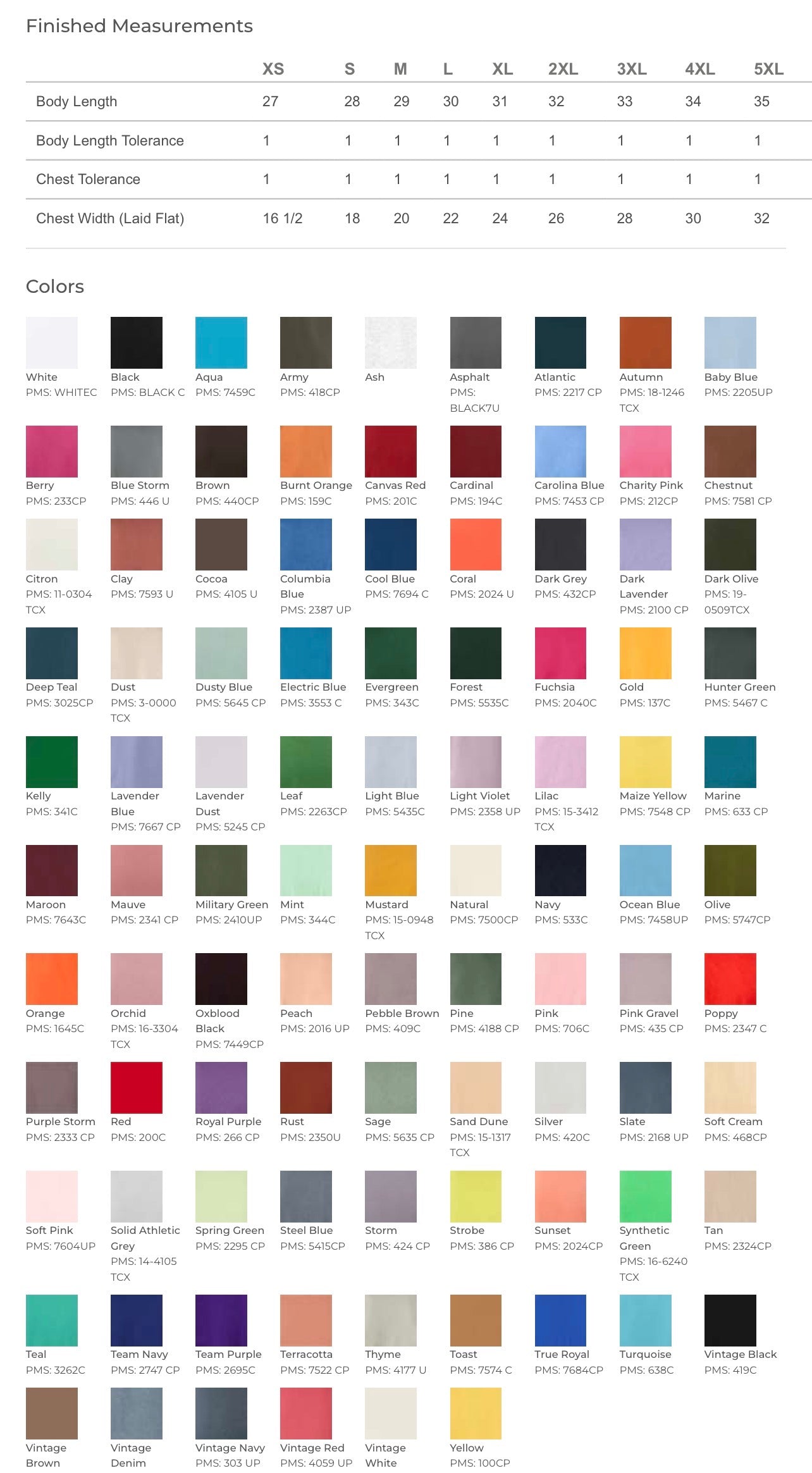 A size and color chart sheet showing finished measurements in a table format and a grid of color swatches labeled by color names and codes.