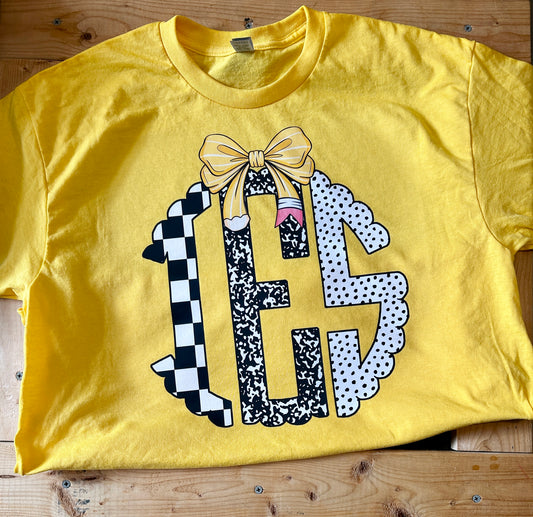 Checkered Composition Monogram with pencil bow tee/sweatshirt
