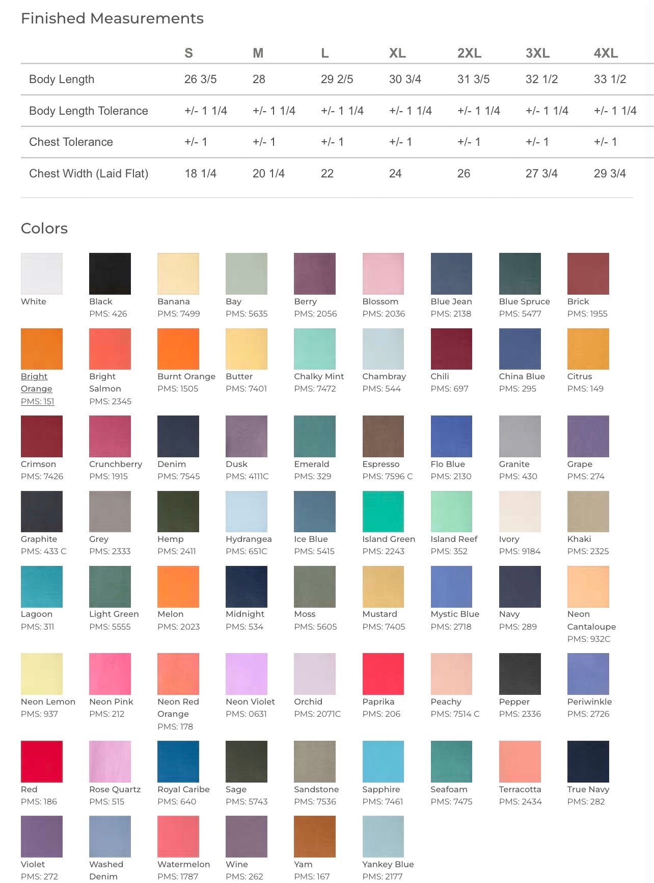 A size chart and color options grid for a garment, showing body length and chest width measurements for sizes S through 4XL, with a grid of labeled color swatches below.