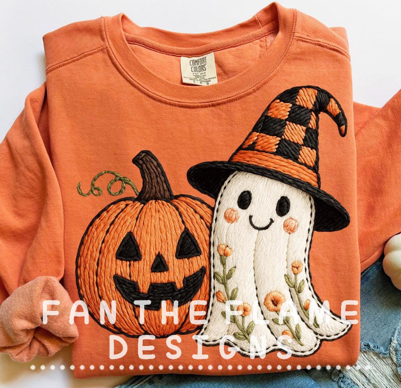 Faux Embroidery Ghost and Pumpkin Tee/Sweatshirt