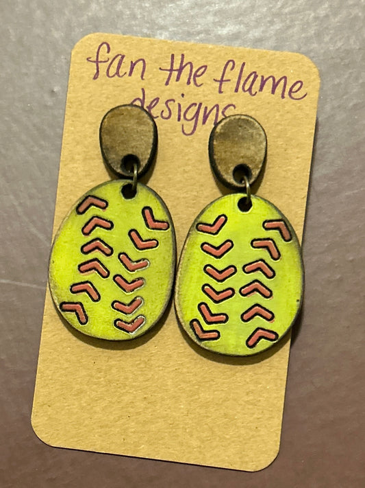 Handmade Distressed Softball dangle earring