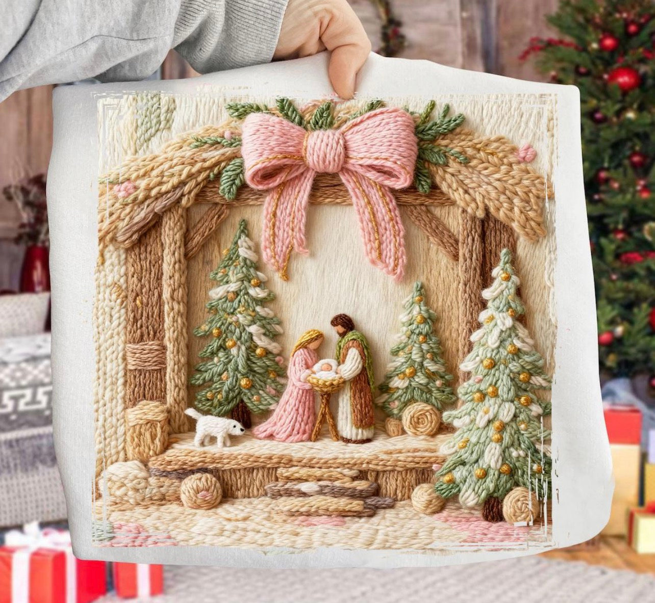 Faux Yarn Nativity Scene on Hunter Green Short/Long/Sweatshirt