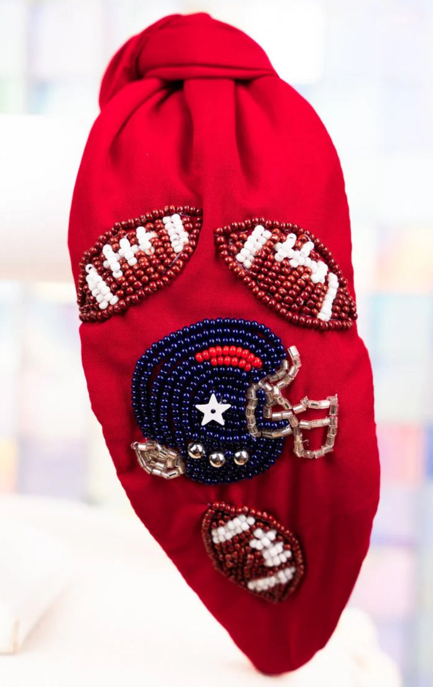 FALL MEANS FOOTBALL RED AND BLUE SEED BEAD KNOTTED HEADBAND