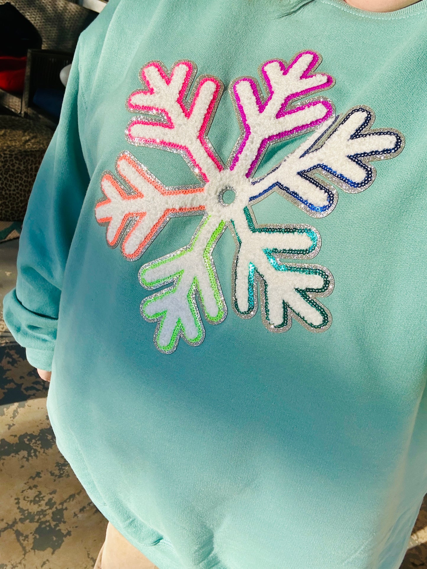 Multi-Colored Chenille/Sequin Snowflake patch sweatshirt