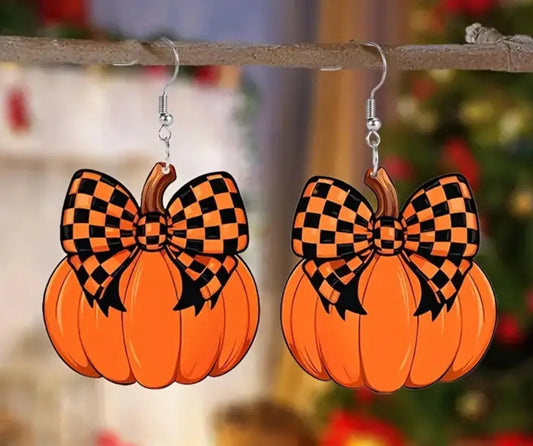 Pumpkin with checkered bow Dangle Earrings