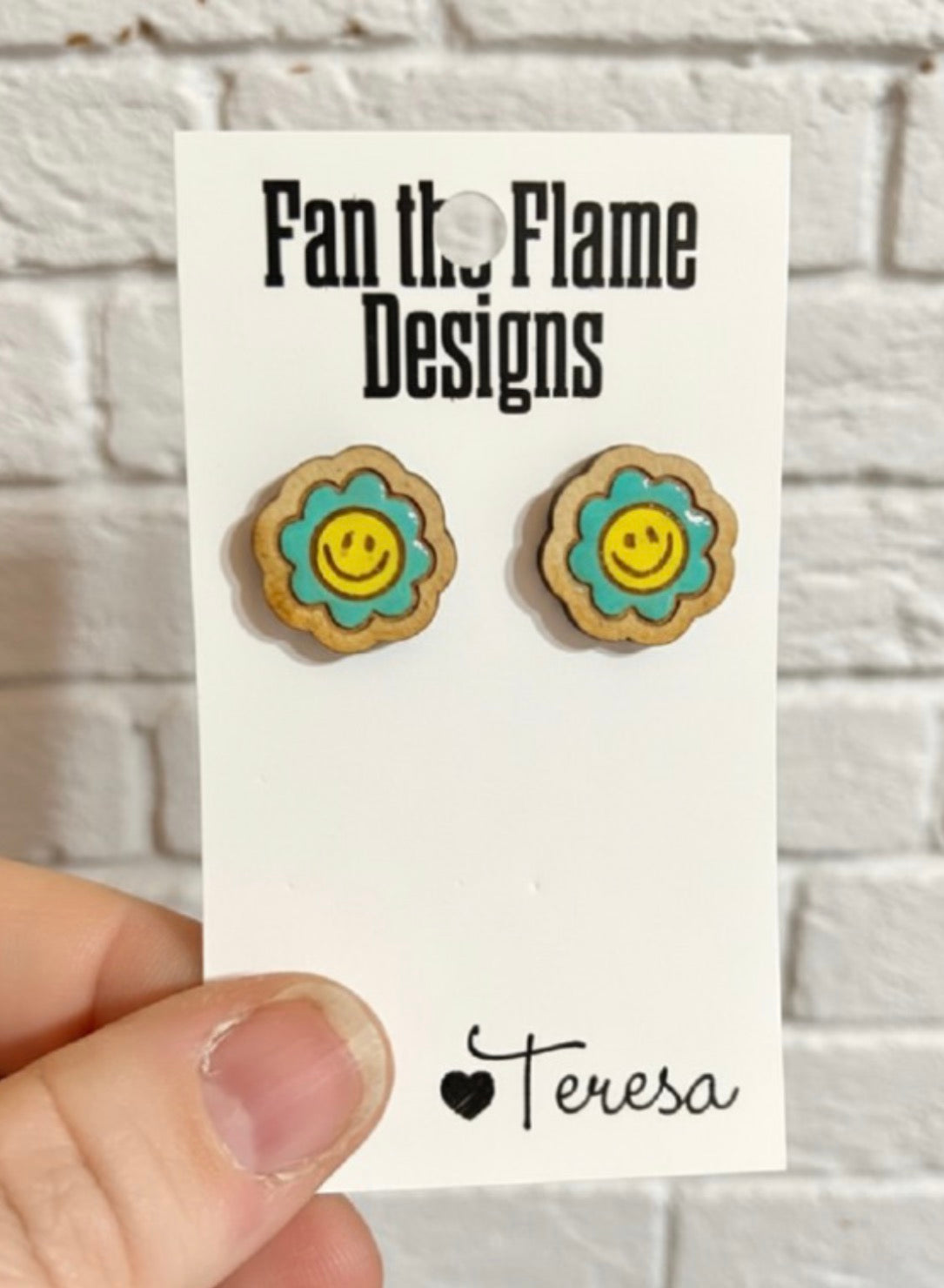 Smiley Flower Wooden Studs