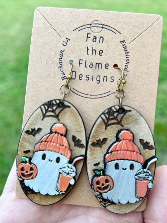 Coffee Drinking, Pimpkin Carrying Ghost Handmade Dangle Earrings