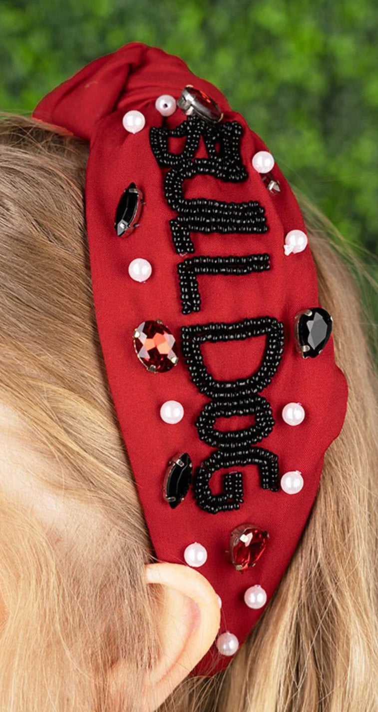 VIOLA RED AND BLACK 'BULLDOG' SEED BEAD KNOTTED HEADBAND