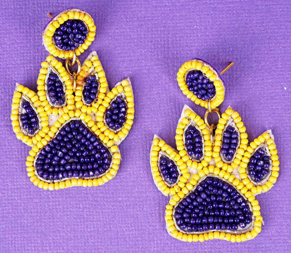 WIN THE DAY PURPLE AND YELLOW PAW EARRINGS