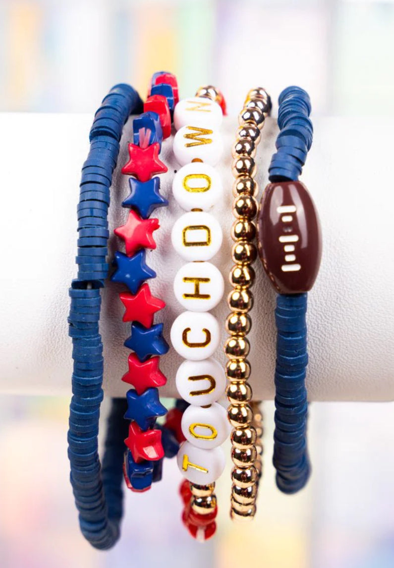 BLUE AND RED 'TOUCHDOWN' BEADED BRACELET SET