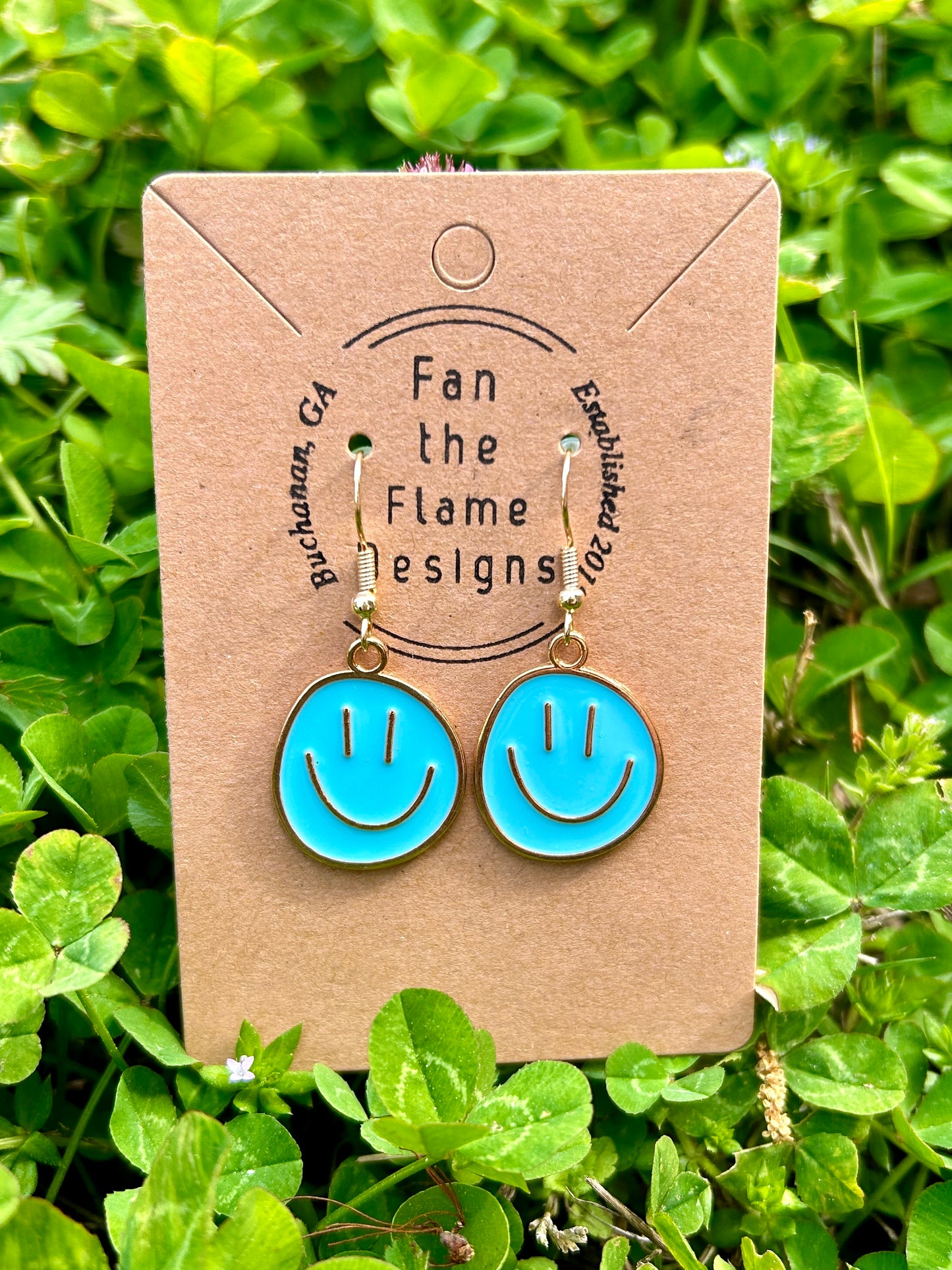 Blue Happy Face Dangle Earrings