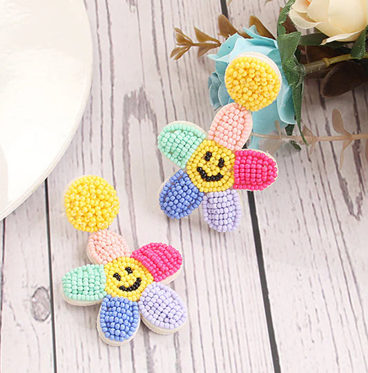 Smiling Face Colorful Flowers Glass Rice Beads Earrings