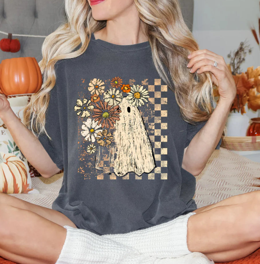 Hiding Ghost Floral Checkered Background Tee/Sweatshirt