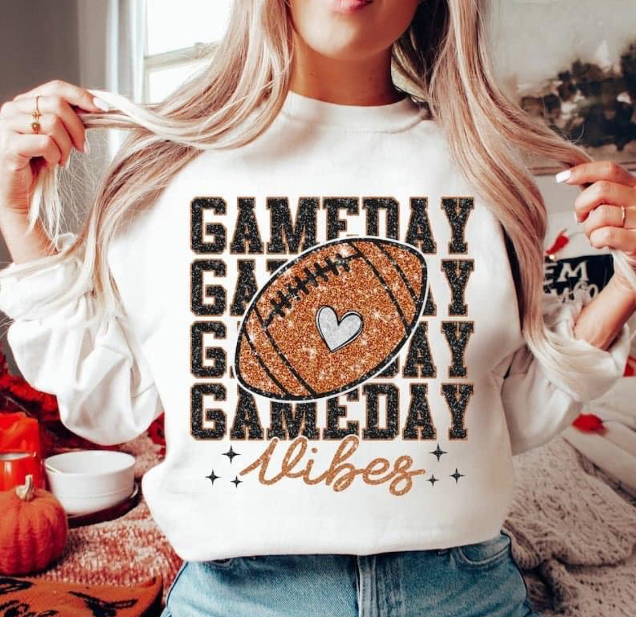 Game day vibes stacked glitter tee/sweatshirt