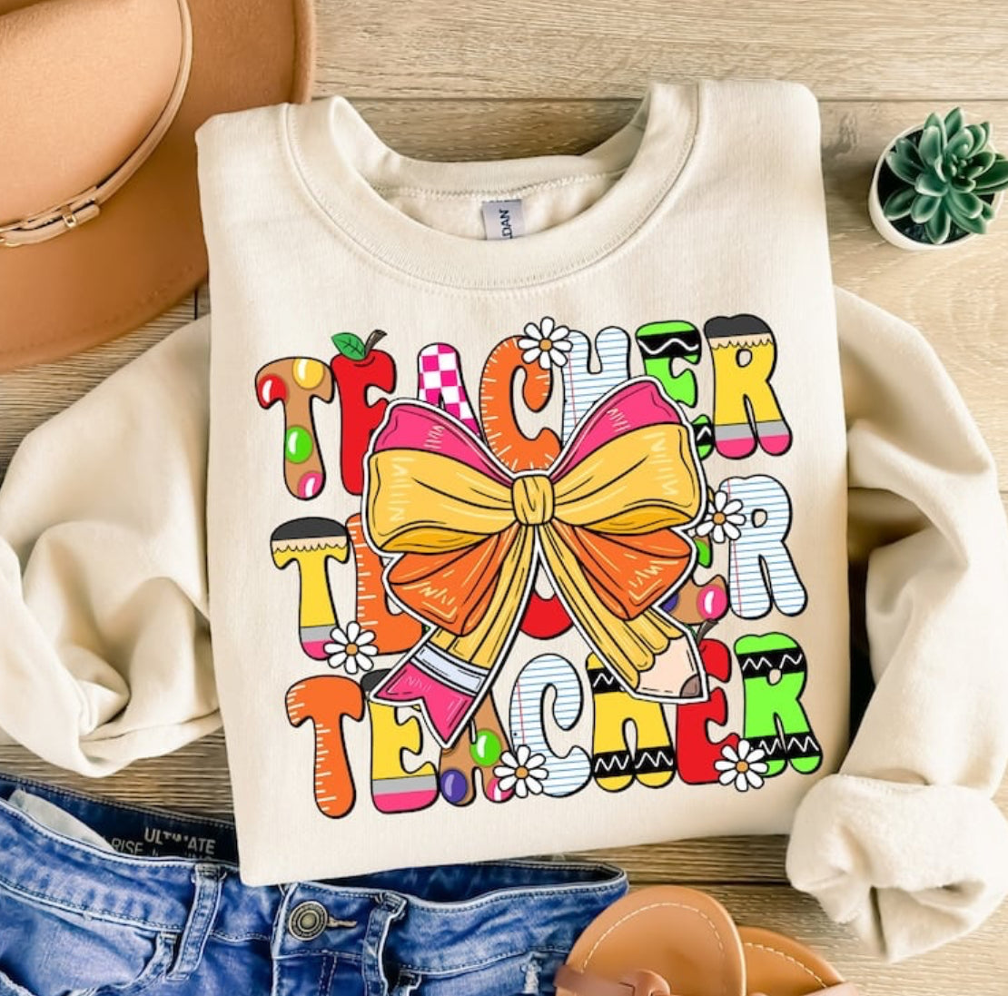 Teacher stacked with bow tee/sweatshirt