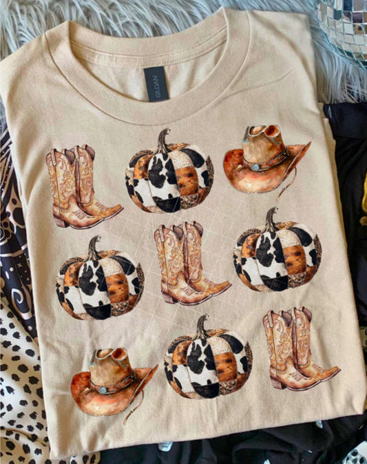 Western Fall Grid Boots Hat Cow print Pumpkin Tee/Sweatshirt