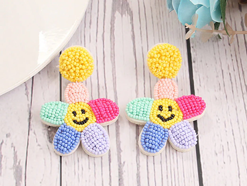 Smiling Face Colorful Flowers Glass Rice Beads Earrings