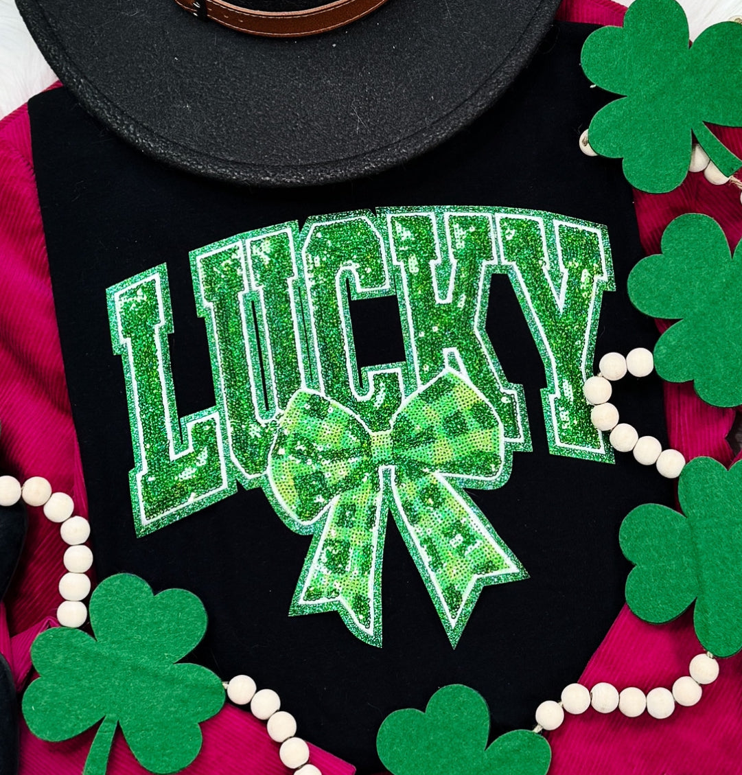 Lucky with Bow Sequin Patch tee/sweatshirt
