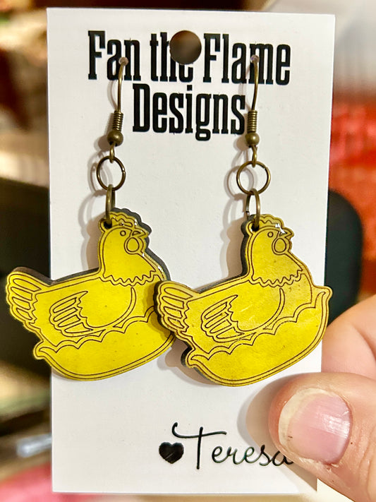 Chickens Wooden Dangle Earrings