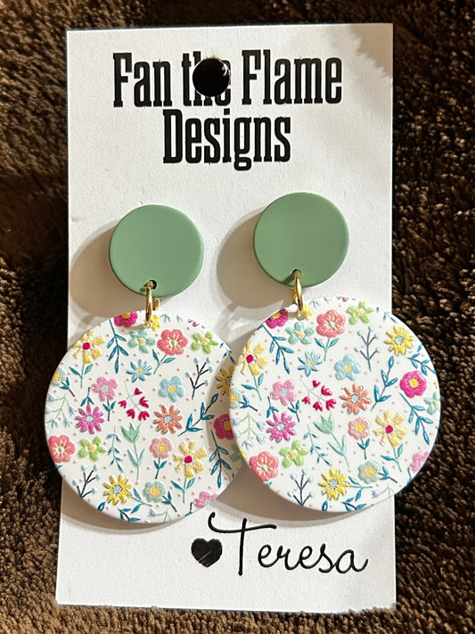 Green Clay Flower Handmade Dangle Earrings