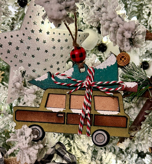 Family Christmas Wagon with tree Ornament