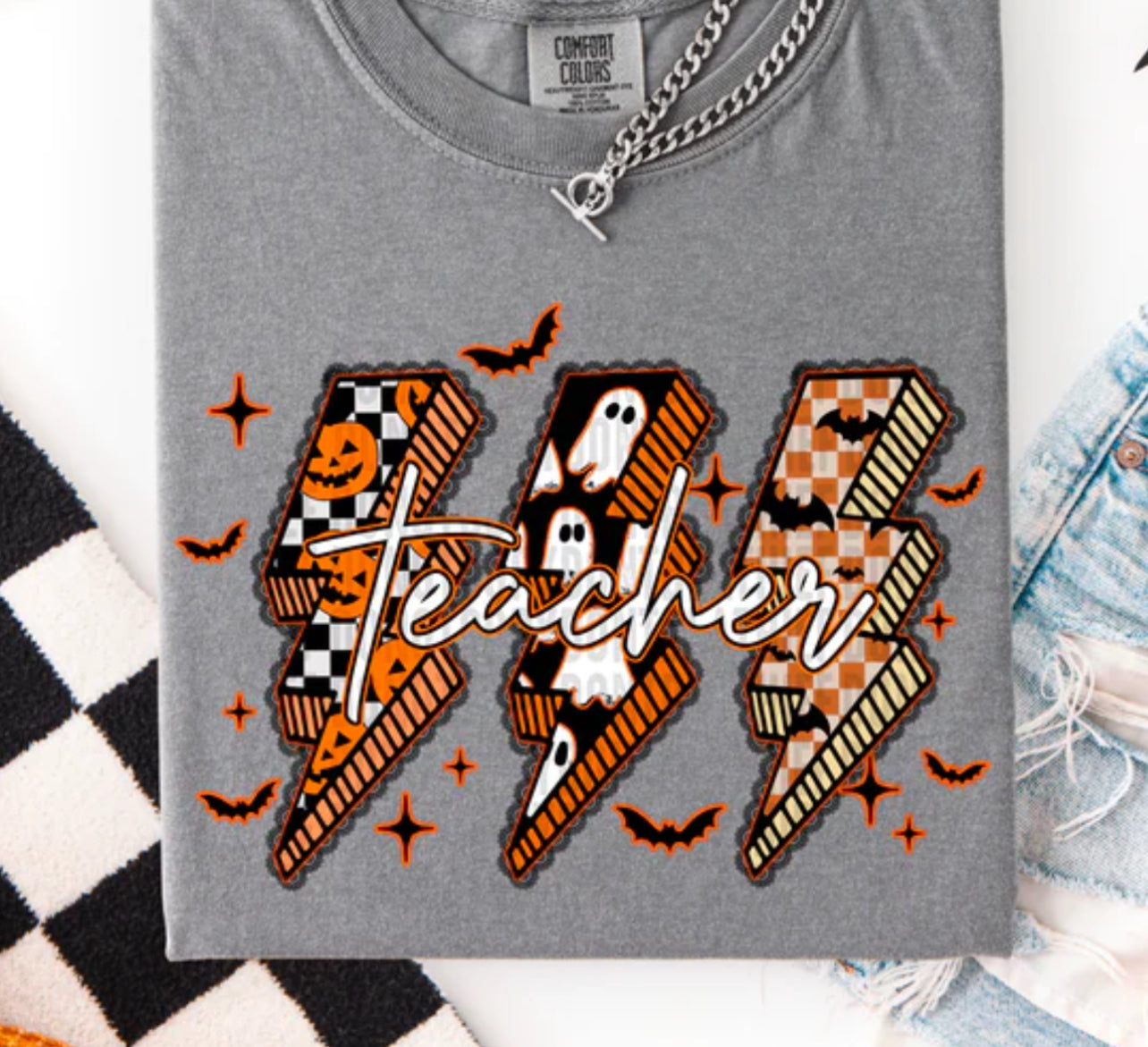 Teacher white font lightning bolt trio Tee/Sweatshirt