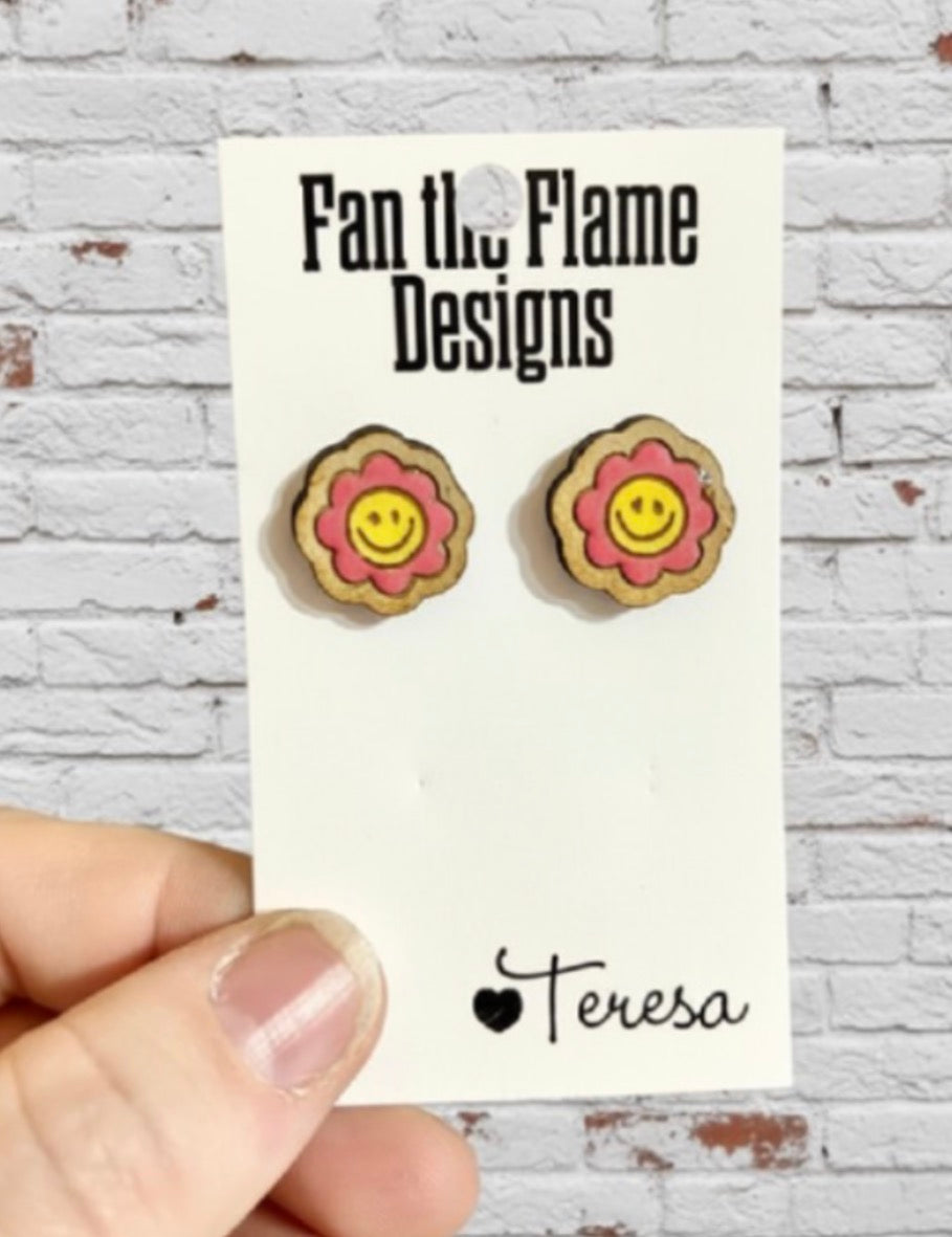 Smiley Flower Wooden Studs
