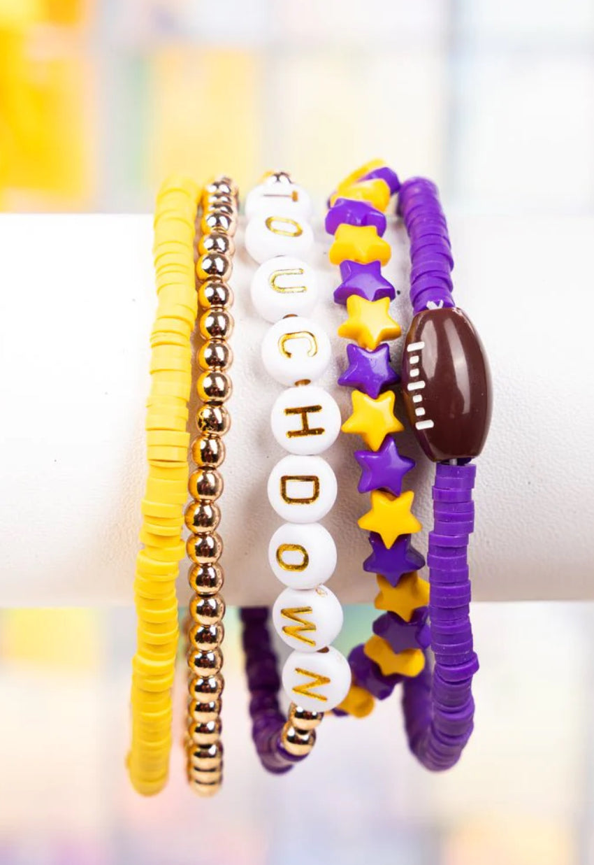 PURPLE AND YELLOW 'TOUCHDOWN' BEADED BRACELET SET