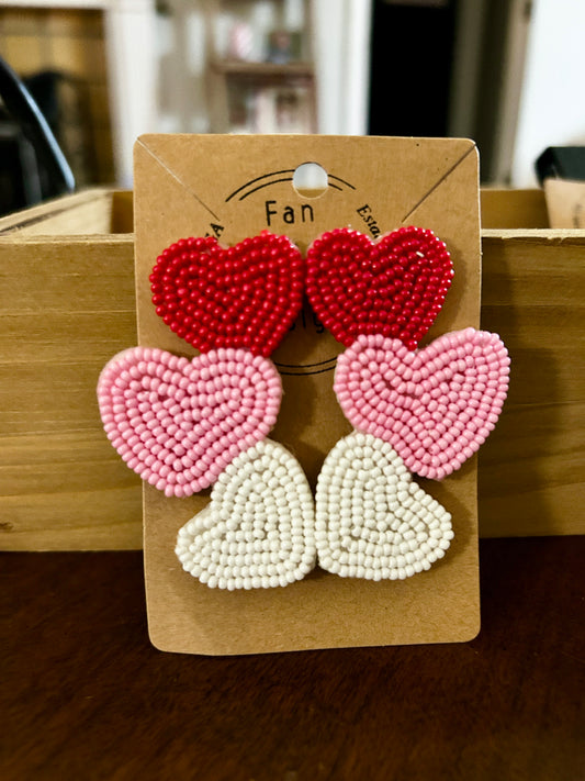 Heart Trio Seed Bead Dangle Earrings
