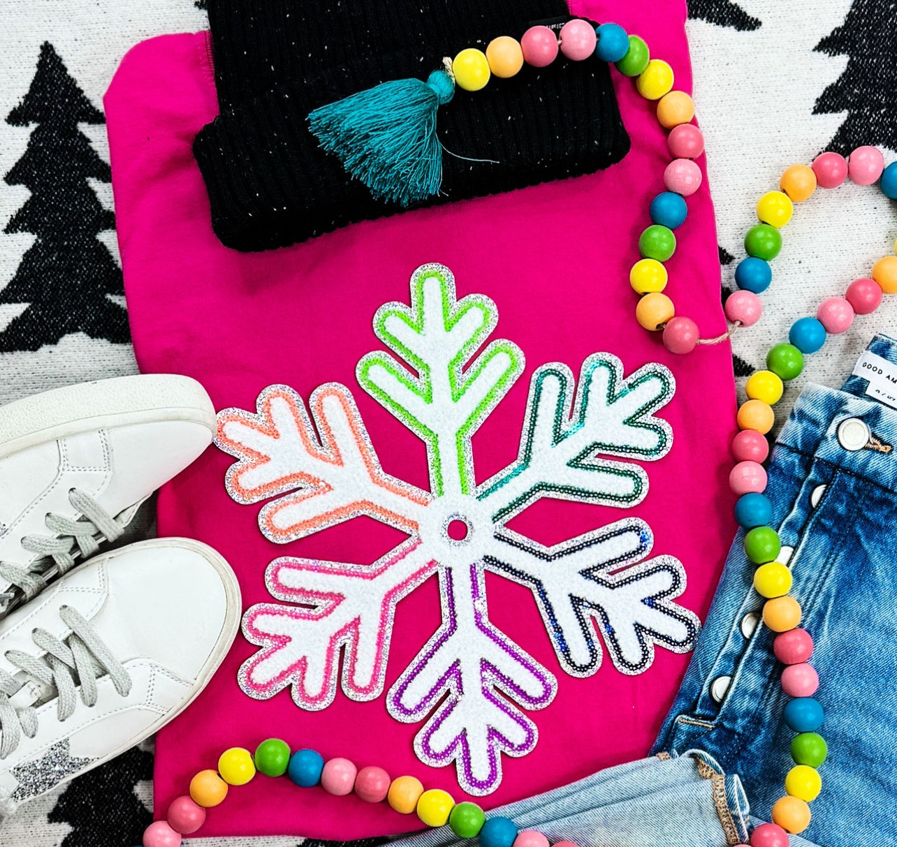 Multi-Colored Chenille/Sequin Snowflake patch sweatshirt